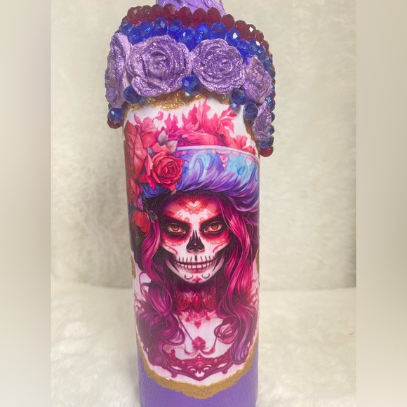 Hand Painted-Decoupaged Sugar Skull-Dia De Los Muertos-Day of the Dead Bottle - Picture 8 of 12